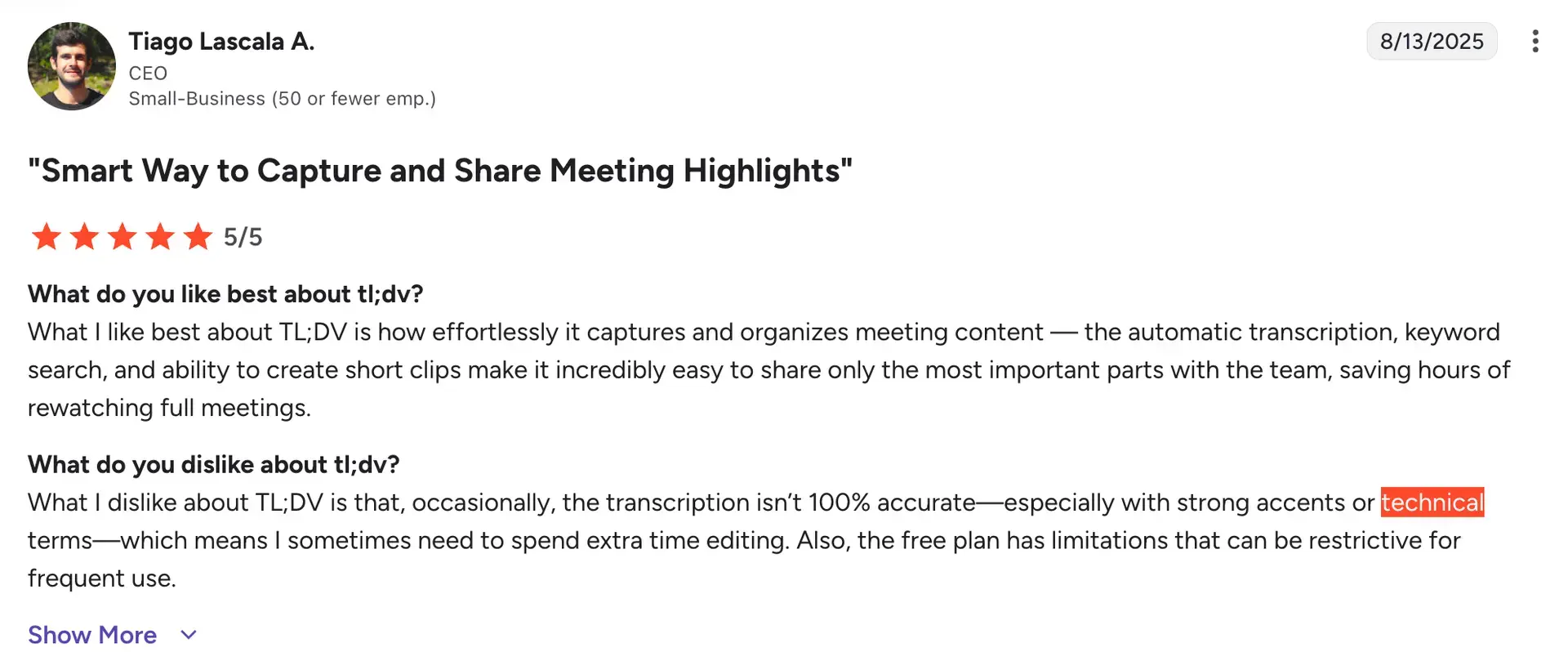 tl;dv real-time transcription interface